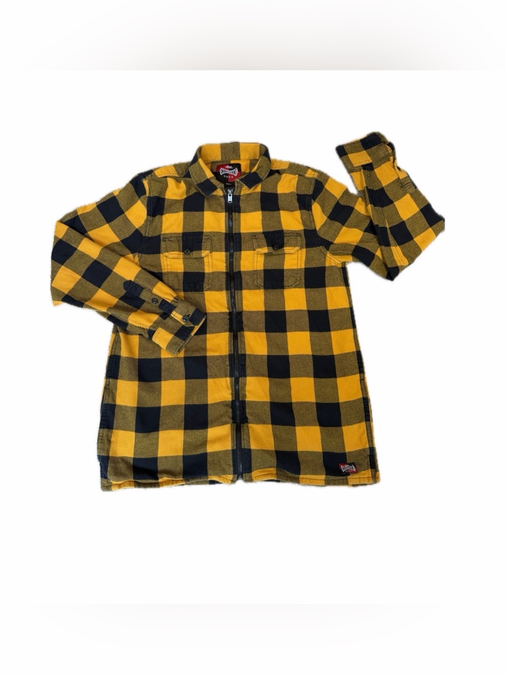 Vans Independent Zip Up Flannel Mens Small Yellow Black Buffalo Plaid Skater